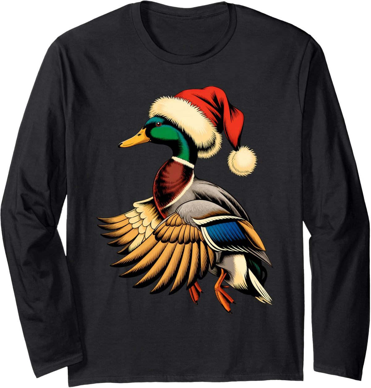 Festive Santa Hat Christmas Duck Hunting Long Sleeve T-Shirt - Adult Unisex Black