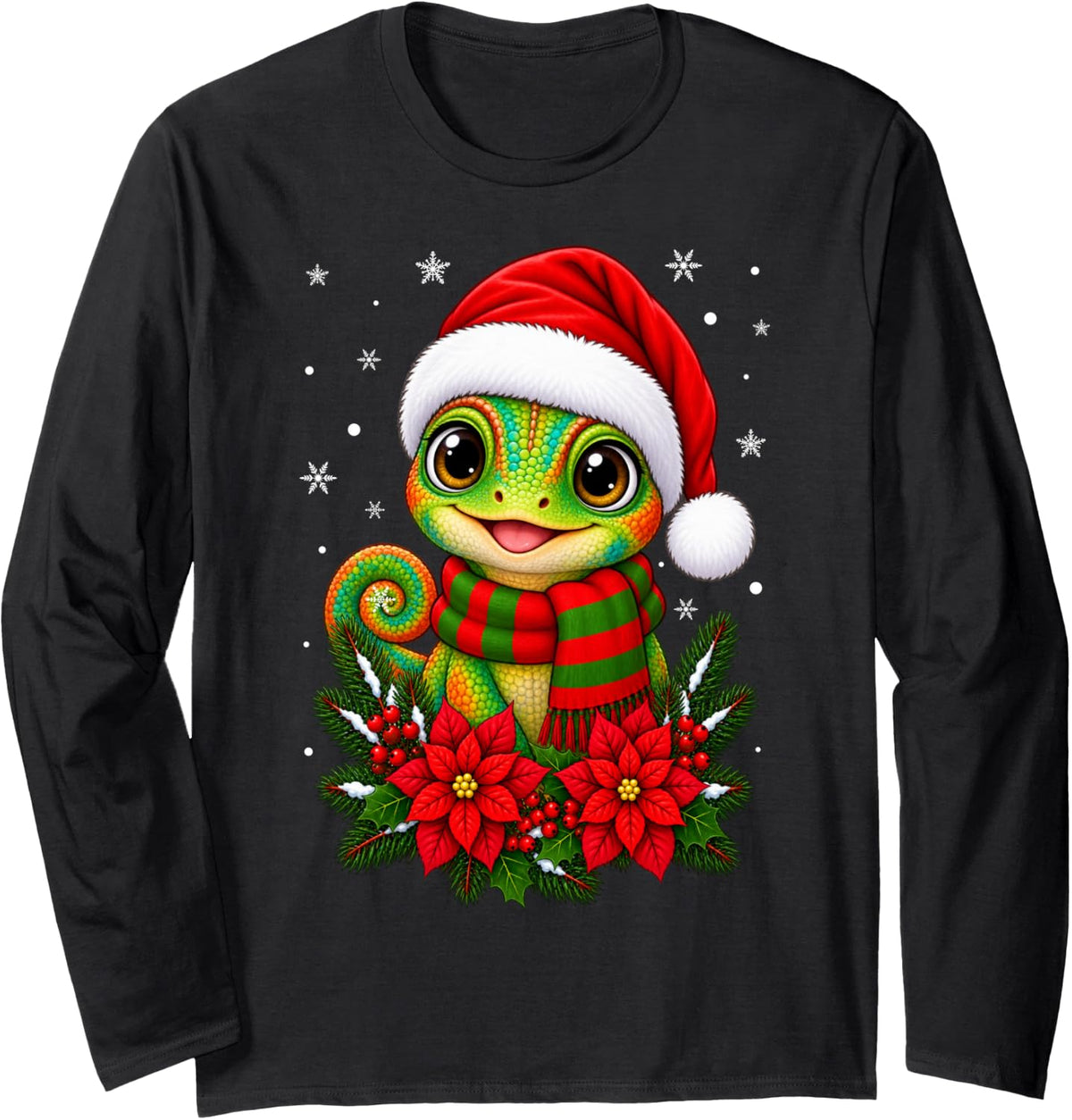 Cute Animal Festive Flowers Santa Hat Chameleon Christmas Long Sleeve T-Shirt - Adult Unisex Black