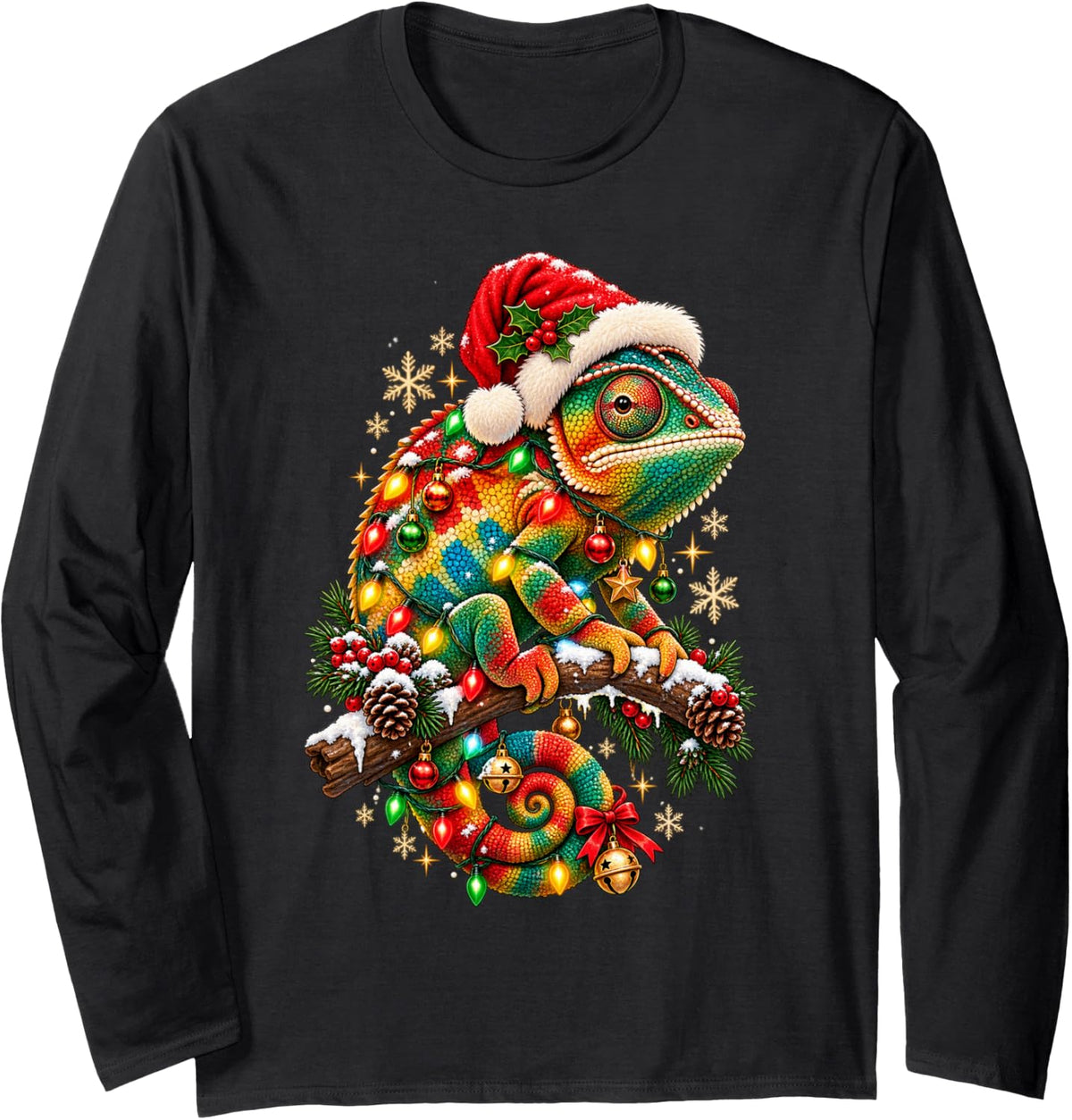 Chameleon Christmas Funny Santa Chameleoin in Xmas Lights Long Sleeve T-Shirt - Adult Unisex Black