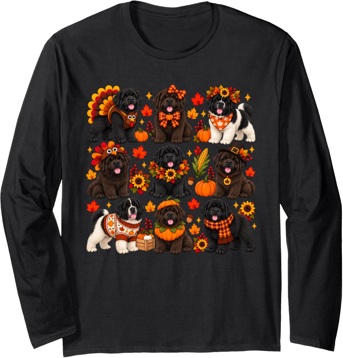 Cute Newfoundland Dog Turkey Thanksgiving Fall Autumn Long Sleeve T-Shirt - Adult Unisex Black