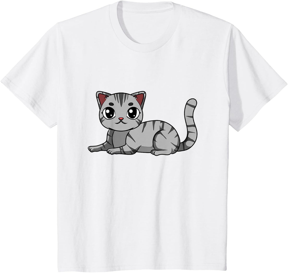 American Short Hair Grey Tabby Neko Cute Kawaii Anime Cat T-Shirt - White