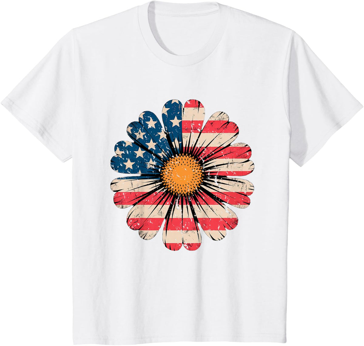 Patriotic Daisy Flower USA Flag 4th of July Boho Retro T-Shirt - White