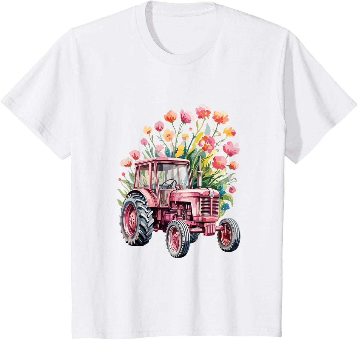 Floral Flower Pink Tractor Country Farm Girl T-Shirt - White