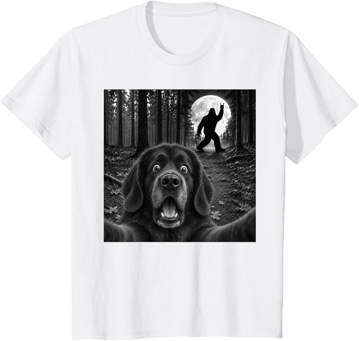 Newfoundland Dog Selfie with Bigfoot Rock and Roll Sasquatch T-Shirt - White
