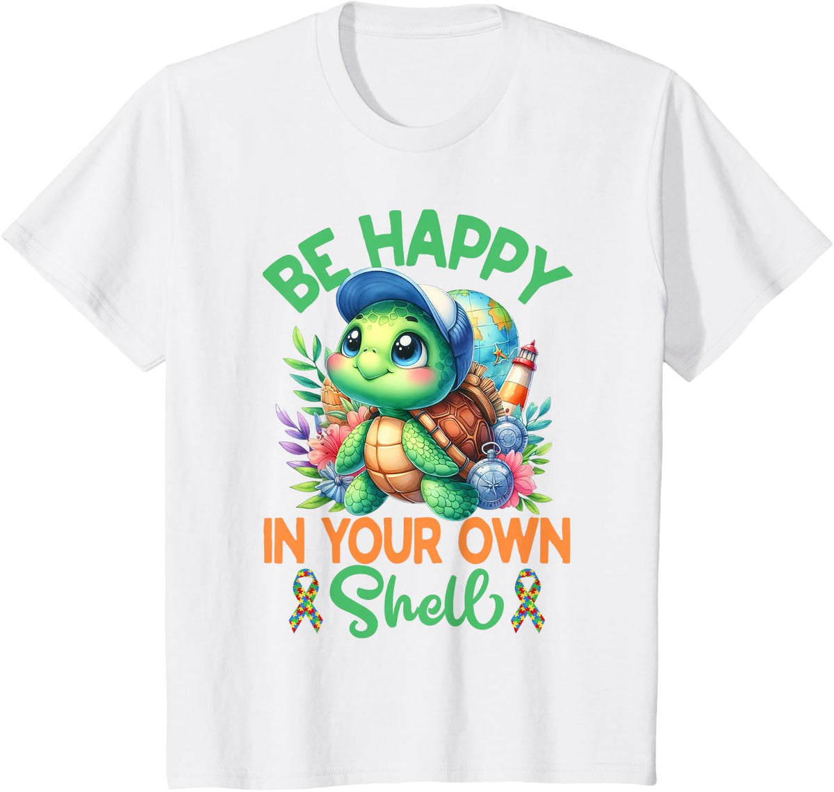 Be Happy In Your Own Shell Turtle Autism Awareness Autistic T-Shirt - White