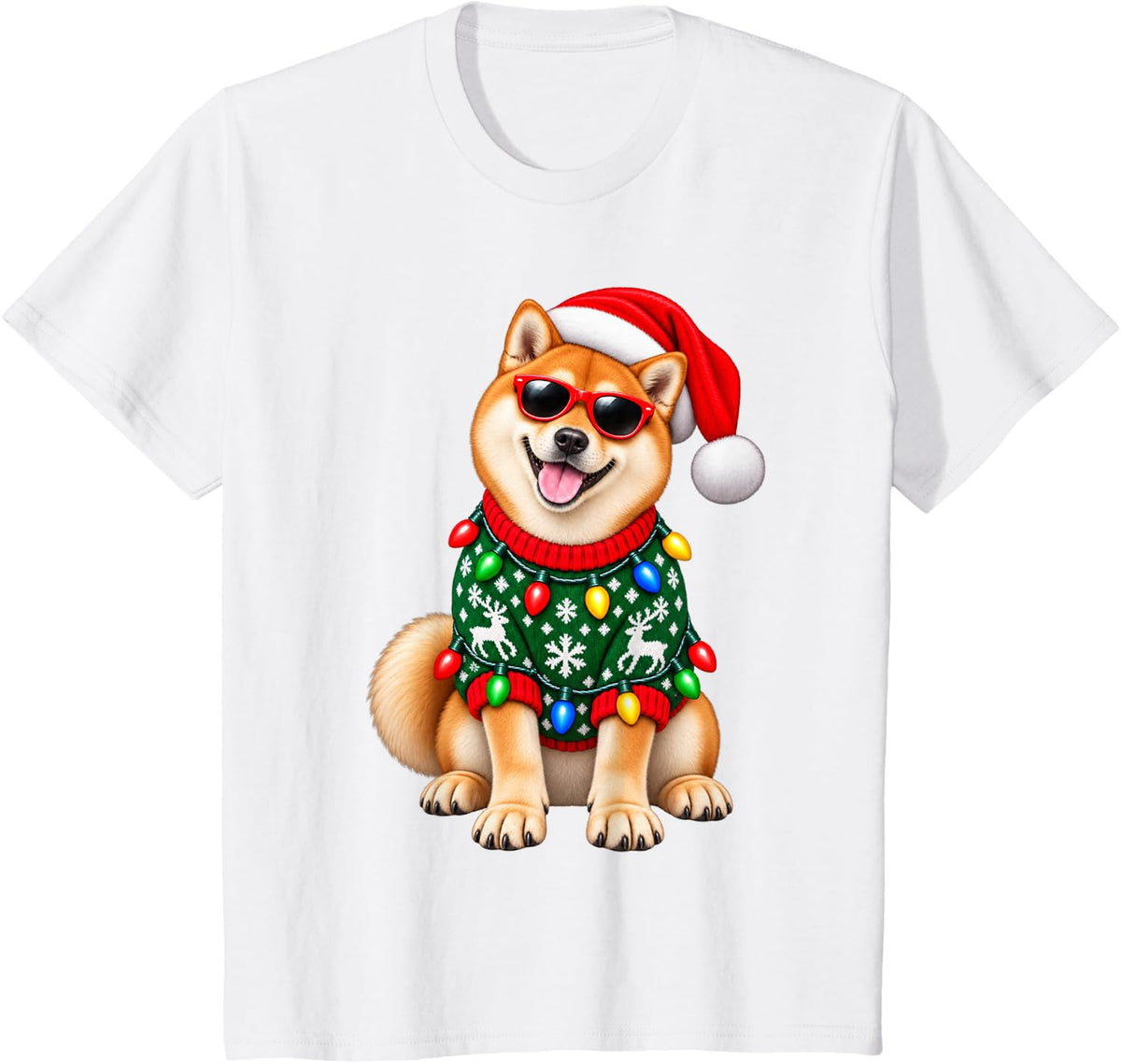 Shiba Inu Dog Christmas Sweater Santa Hat Sunglasses Dog T-Shirt - White
