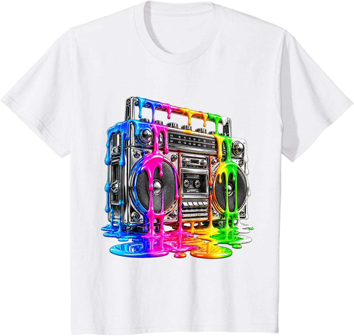 Dripping Paint Boombox Old School 80s Music Hip Hop T-Shirt - White