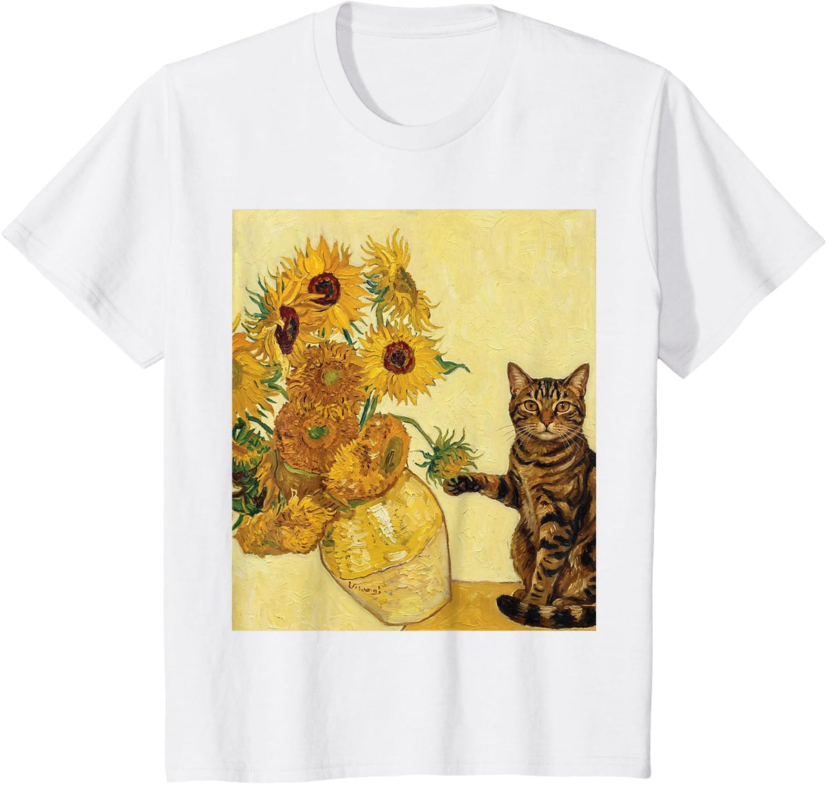 Funny Tabby Cat & Sunflowers Van Gogh Art Parody T-Shirt - White