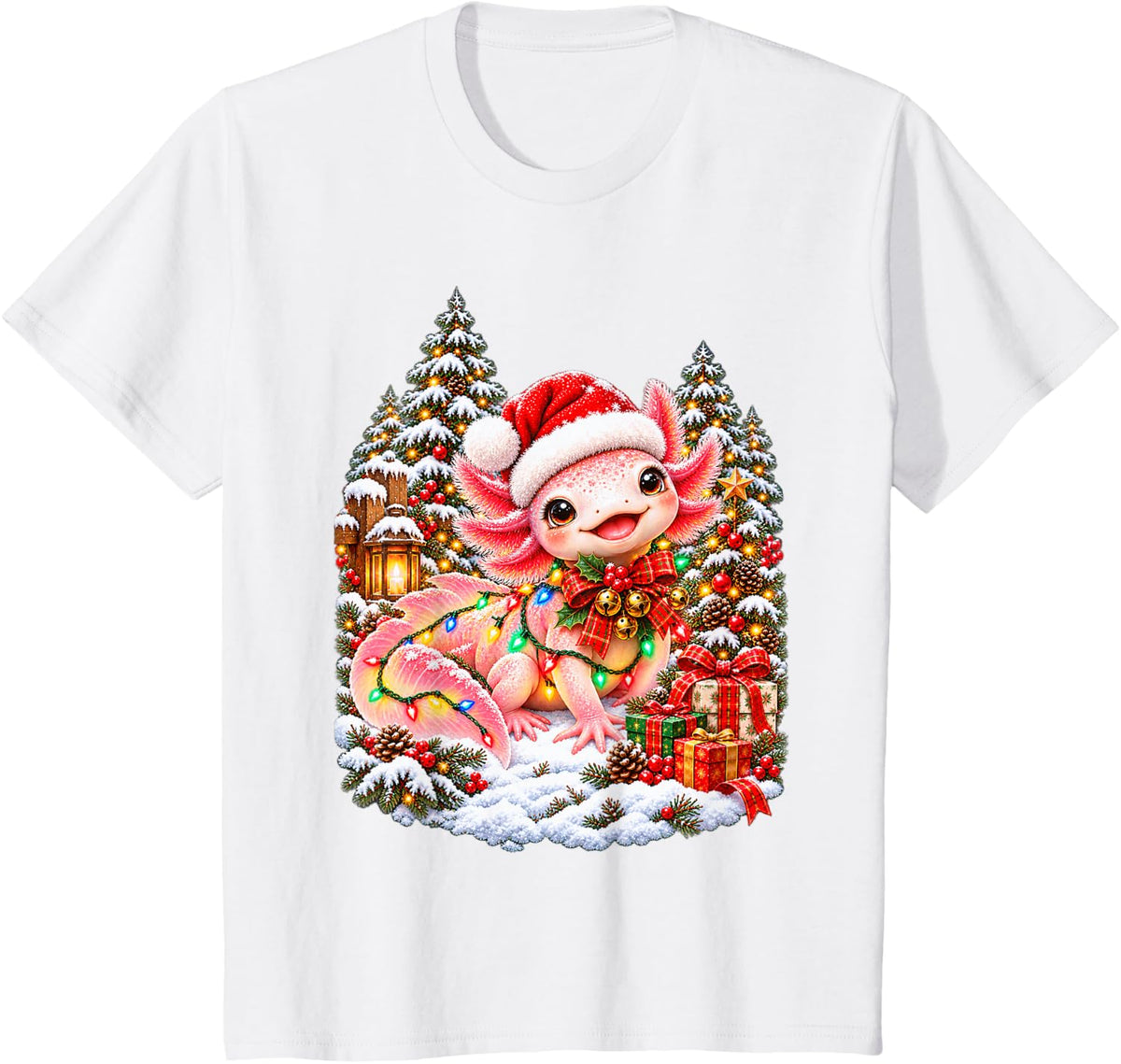 Cheerful Axolotl Christmas Santa Snow Scene T-Shirt - White