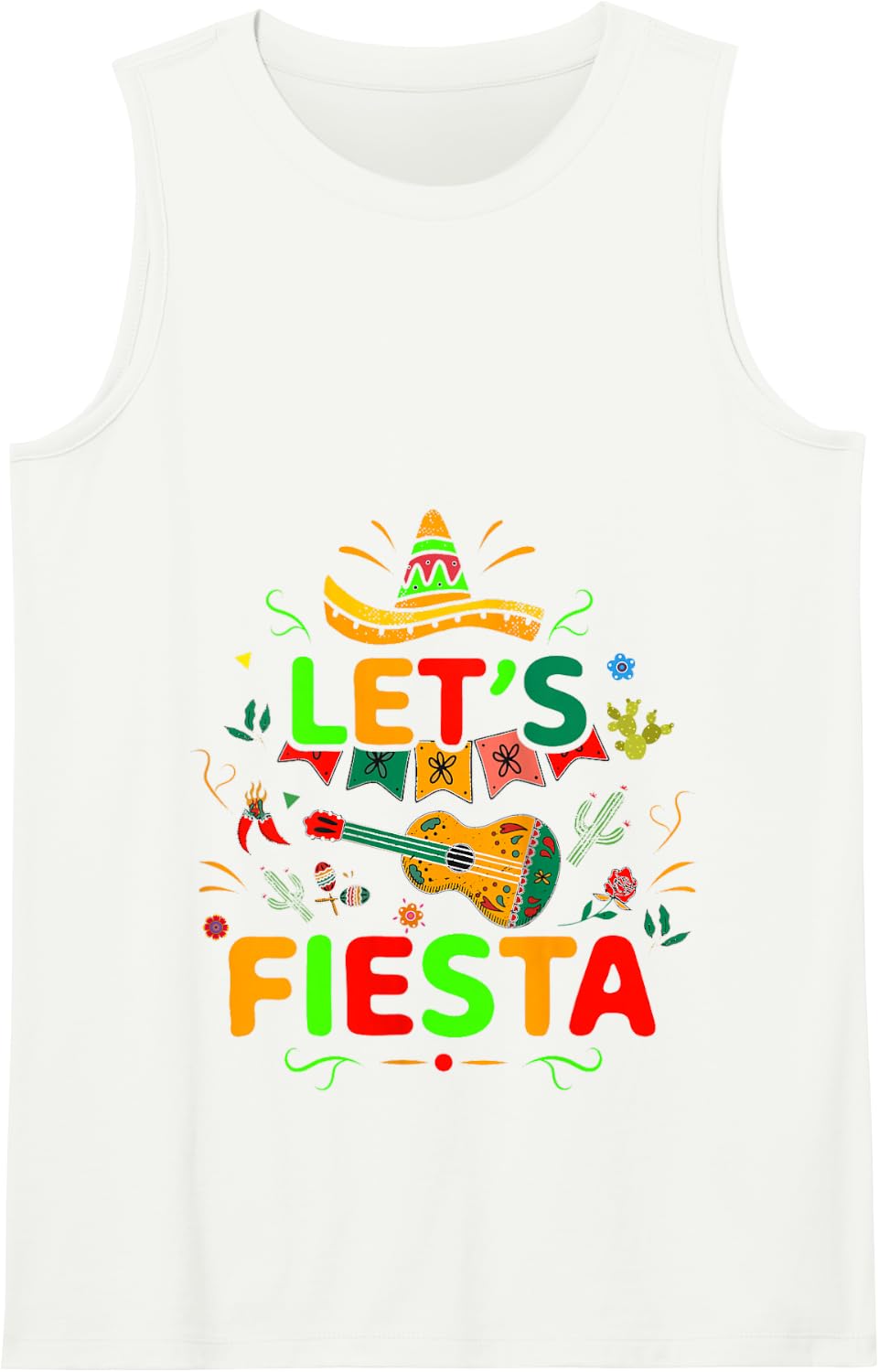 Cinco De Mayo Mexican Guitar Cactus Let's Fiesta Tank Top - White