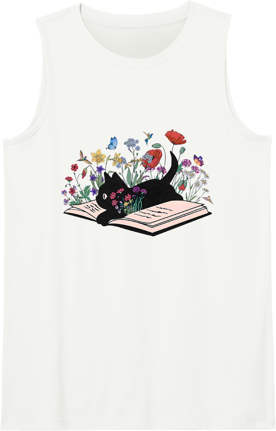 Floral Black Cat Book Cute Cat Mom for Women Book Lover Sleeveless Tank Top - White