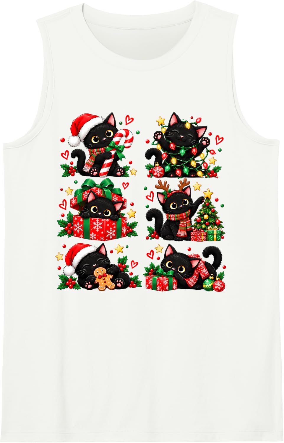 Cute Black Cat Lights Meow Santa Hat Christmas Black Cats Sleeveless Tank Top - White