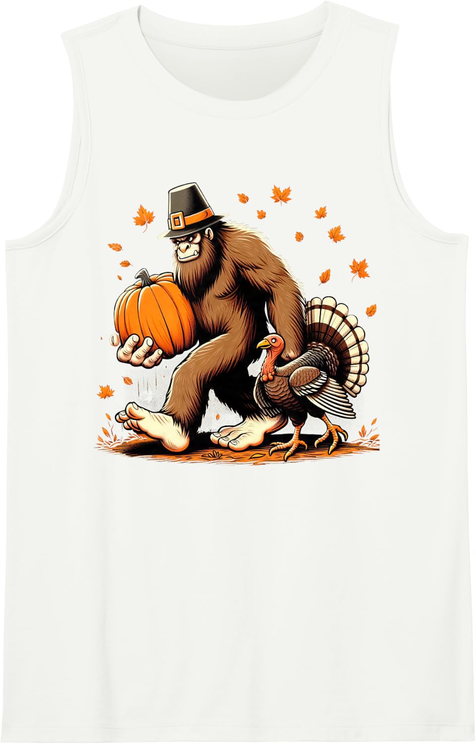 Bigfoot Pilgrim Walking Turkey Pumpkin Thanksgiving Day Sleeveless Tank Top - White