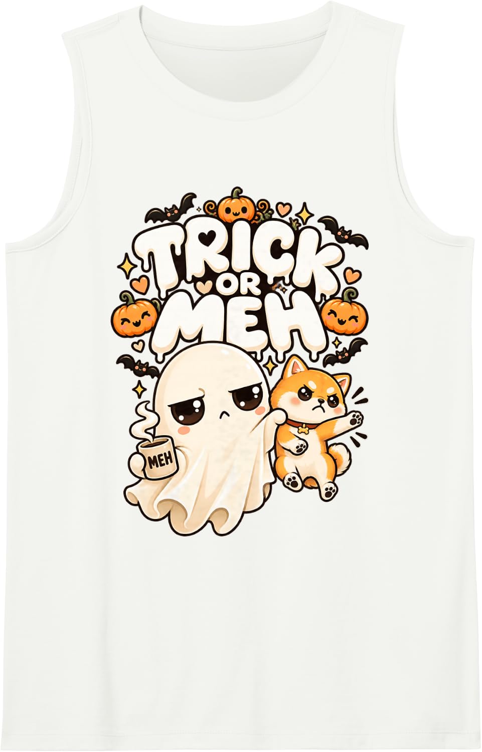 Grumpy Ghost & Shiba Inu Holding Coffee Spooky Dog Sleeveless Tank Top - White