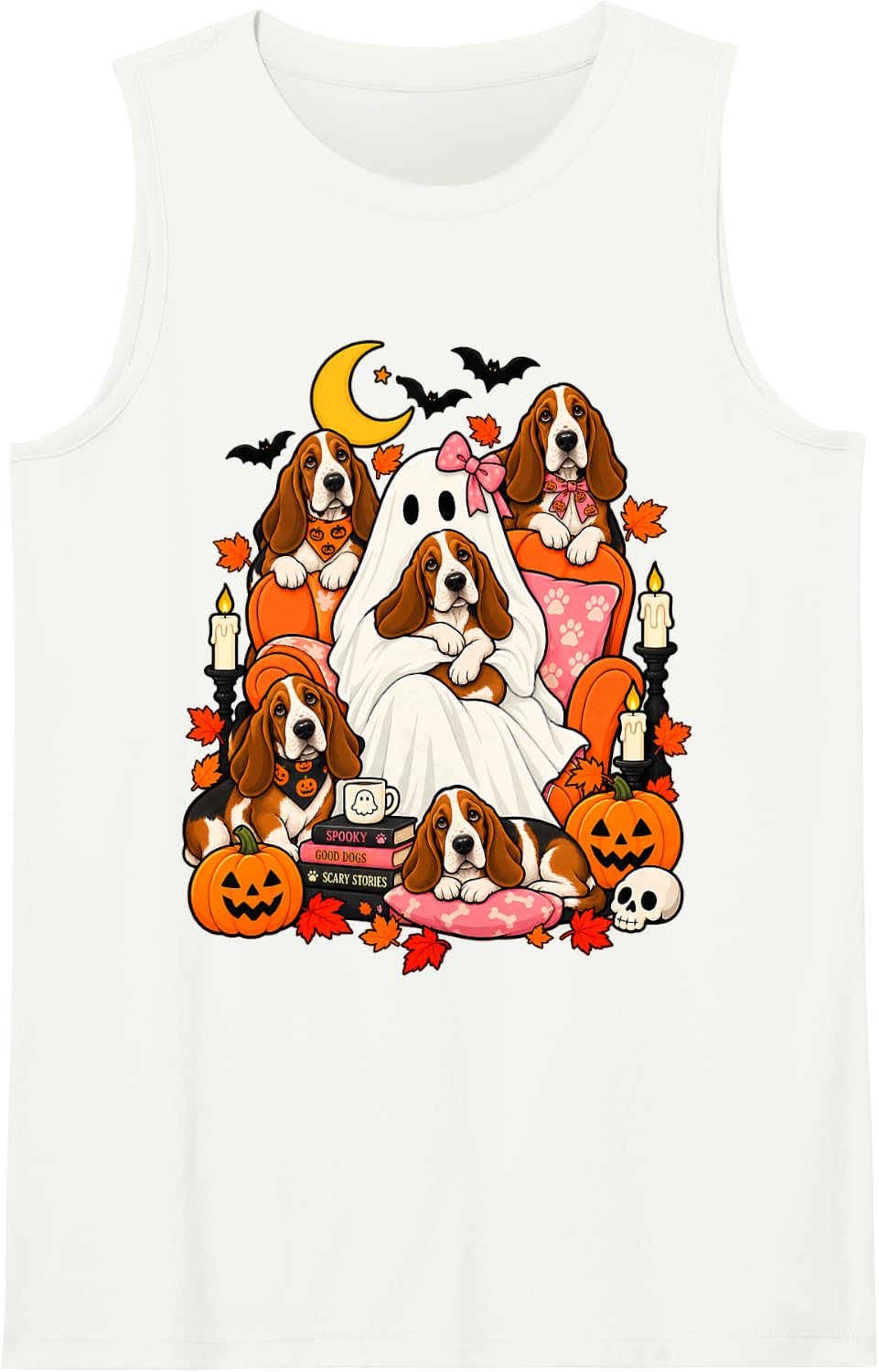 Cute Halloween Dog Mom Ghost Basset Hound Lovers Women Girls Sleeveless Tank Top - White
