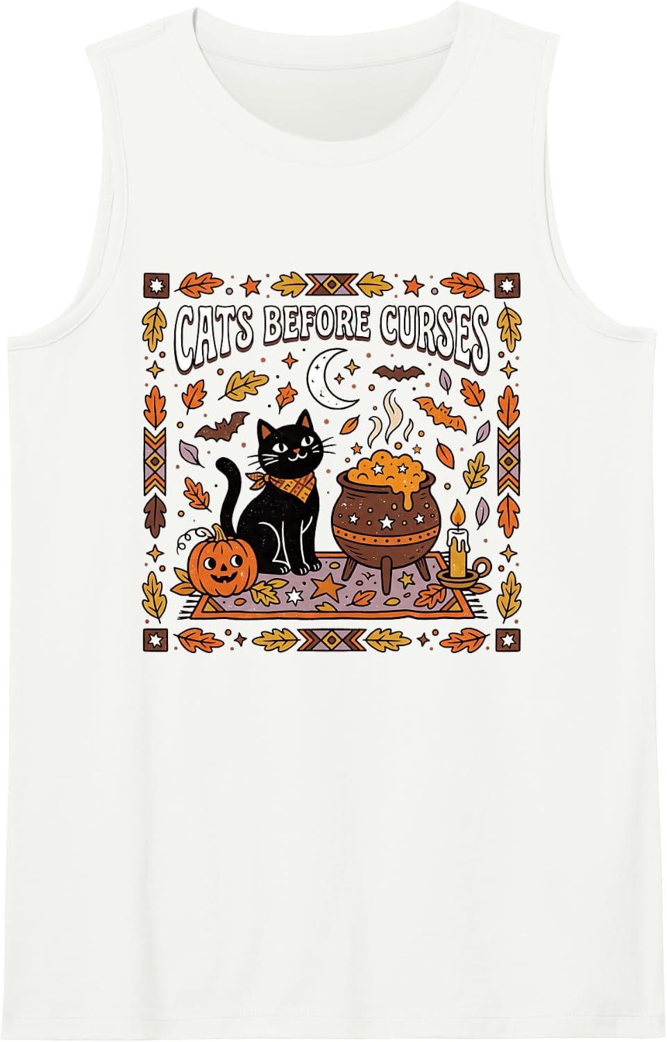 Halloween Cat Mom Shirt Cats Before Curses Black Cat Witch Sleeveless Tank Top - White