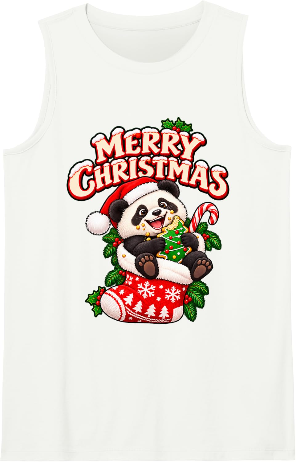 Merry Christmas Happy Panda Cute Stocking Funny Sleeveless Tank Top - White