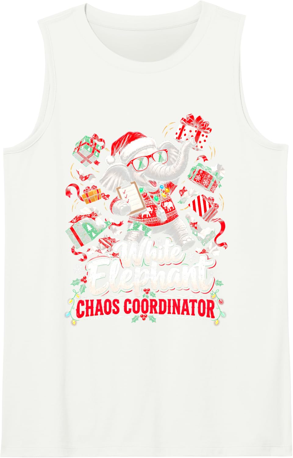 White Elephant Chaos Coordinator Funny Christmas Sleeveless Tank Top - White