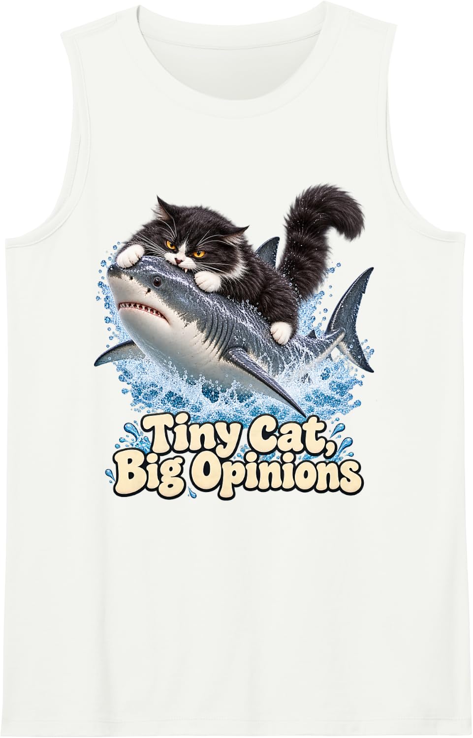 Tuxedo Cat Biting a Great White Shark Sleeveless Tank Top - White