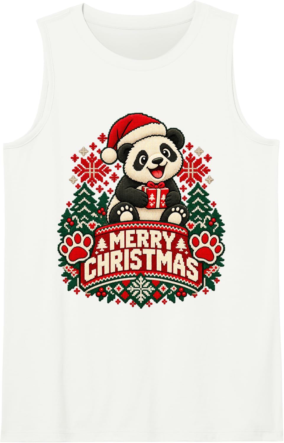 Merry Christmas Panda Cheerful Roaring Festive Winter Art Sleeveless Tank Top - White