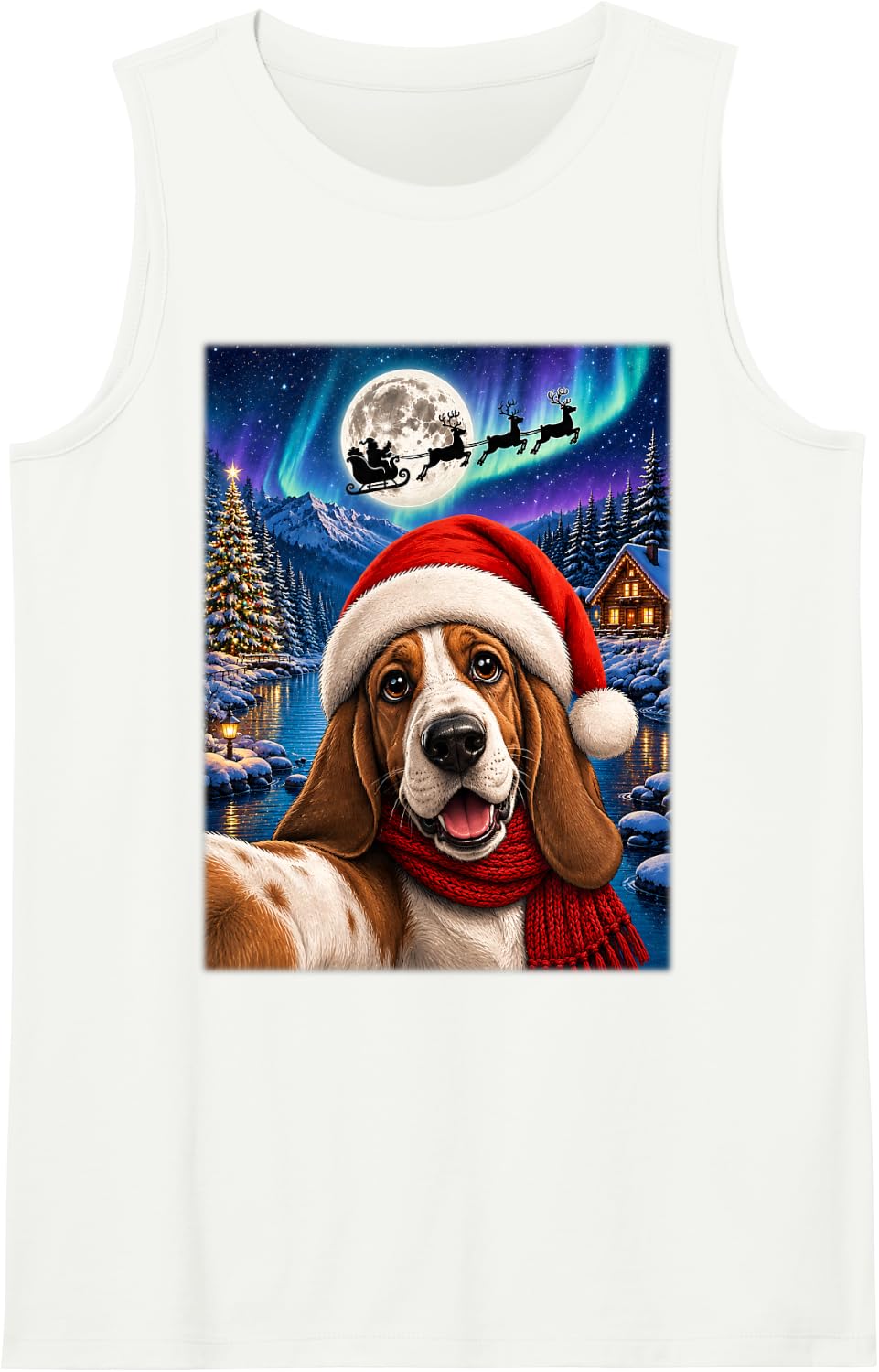 Basset Hound Dog Christmas Moon Night Santa Sleigh Xmas Tank Top - White