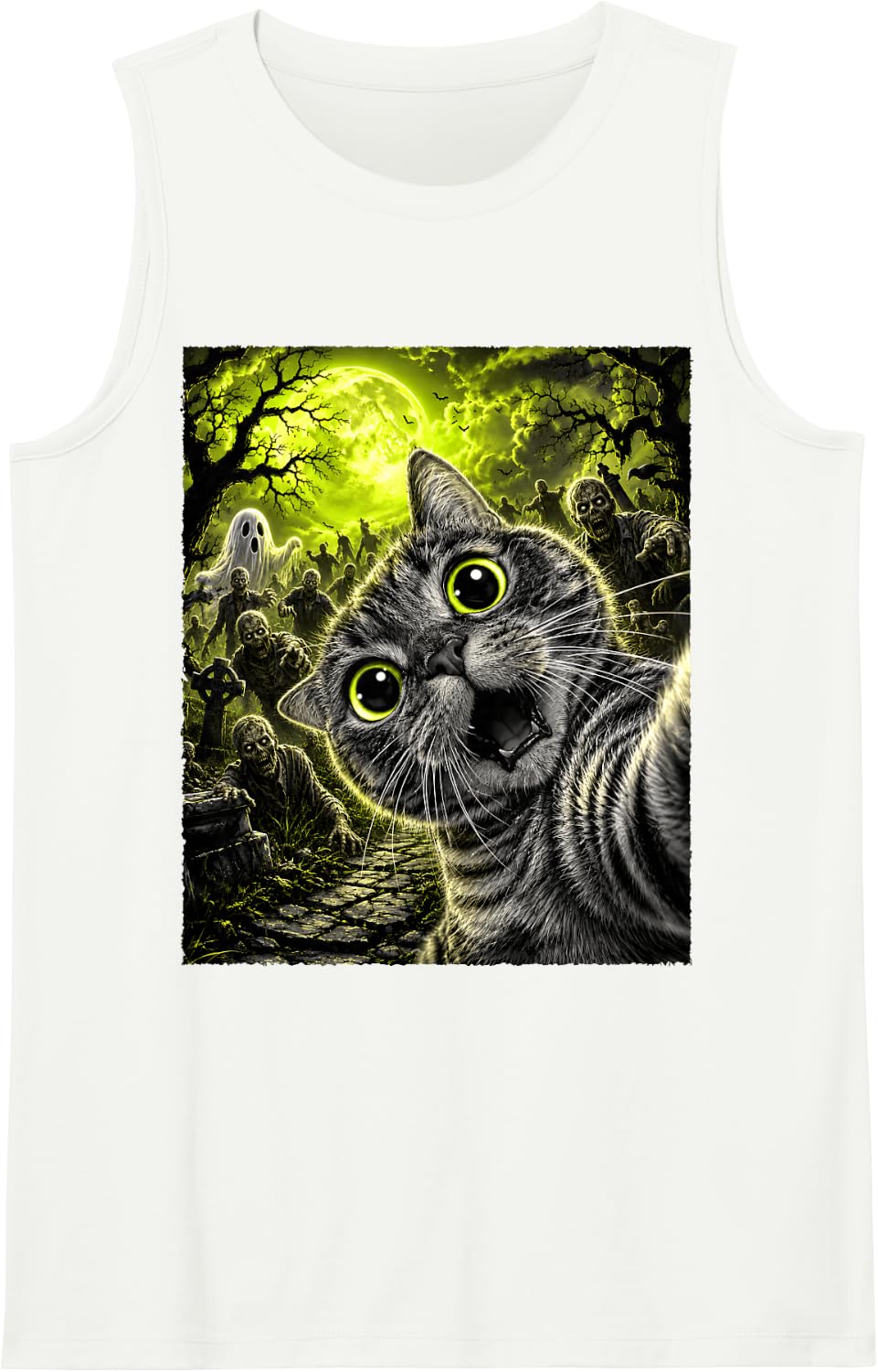 Halloween Funny Meme Cat Taking Selfie with Zombies & Ghost Sleeveless Tank Top - White