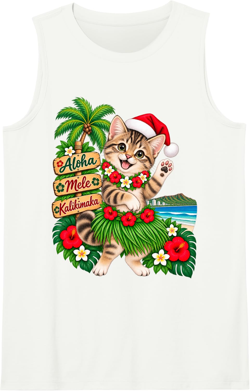 Brown Tabby Cat Hawaiian Christmas Aloha Mele Kalikimaka Sleeveless Tank Top - White