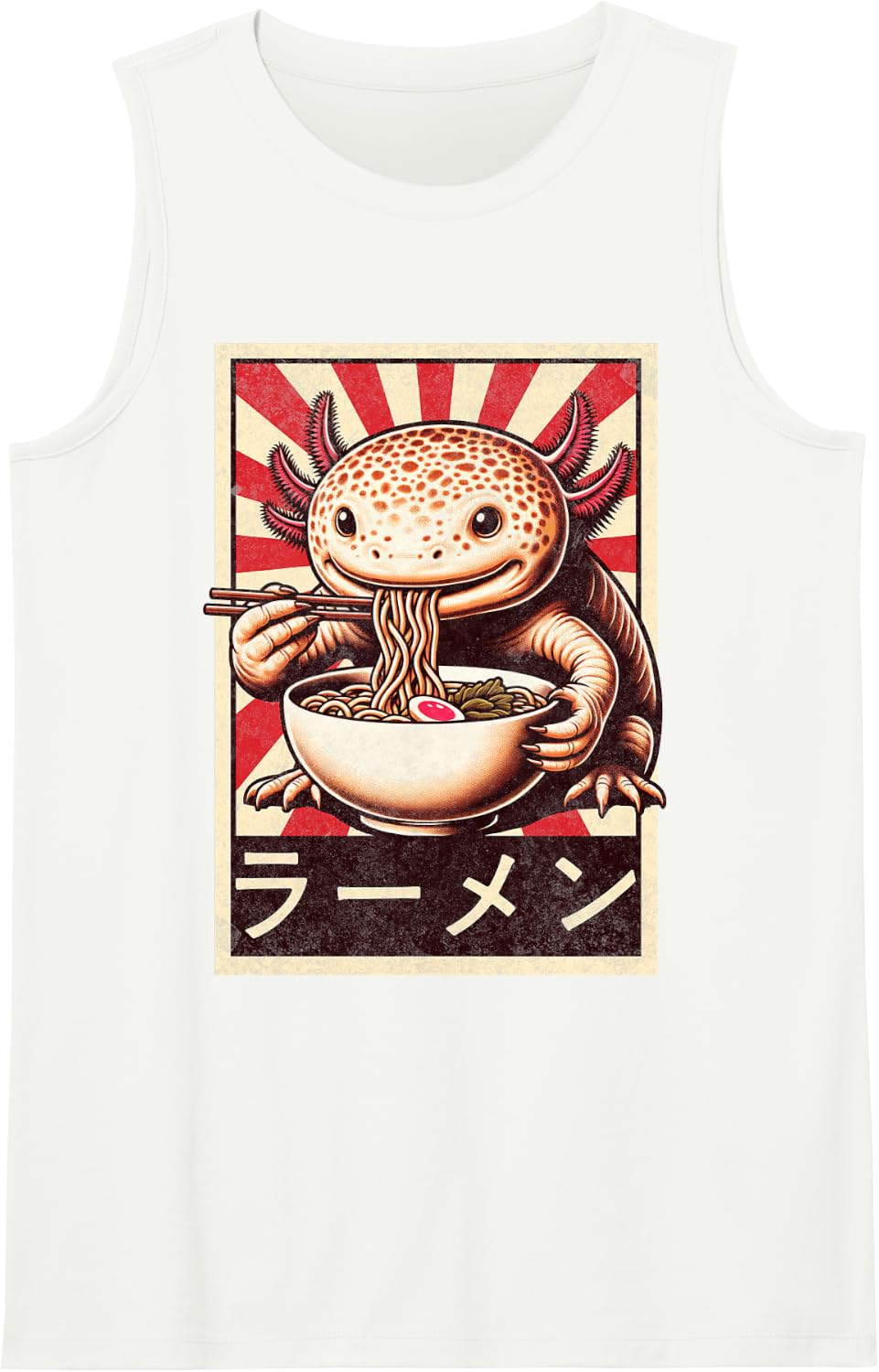 Funny Vintage Axolotl Eating Ramen. Anime Axolotl Ramen Sleeveless Tank Top - White