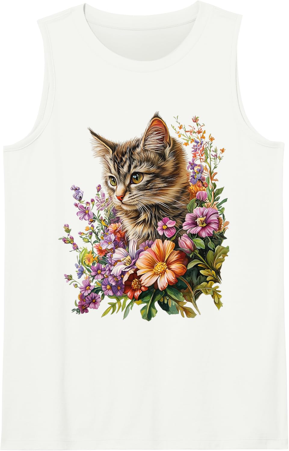 Cat Flower Floral Cute Kitten Graphic Sleeveless Tank Top - White