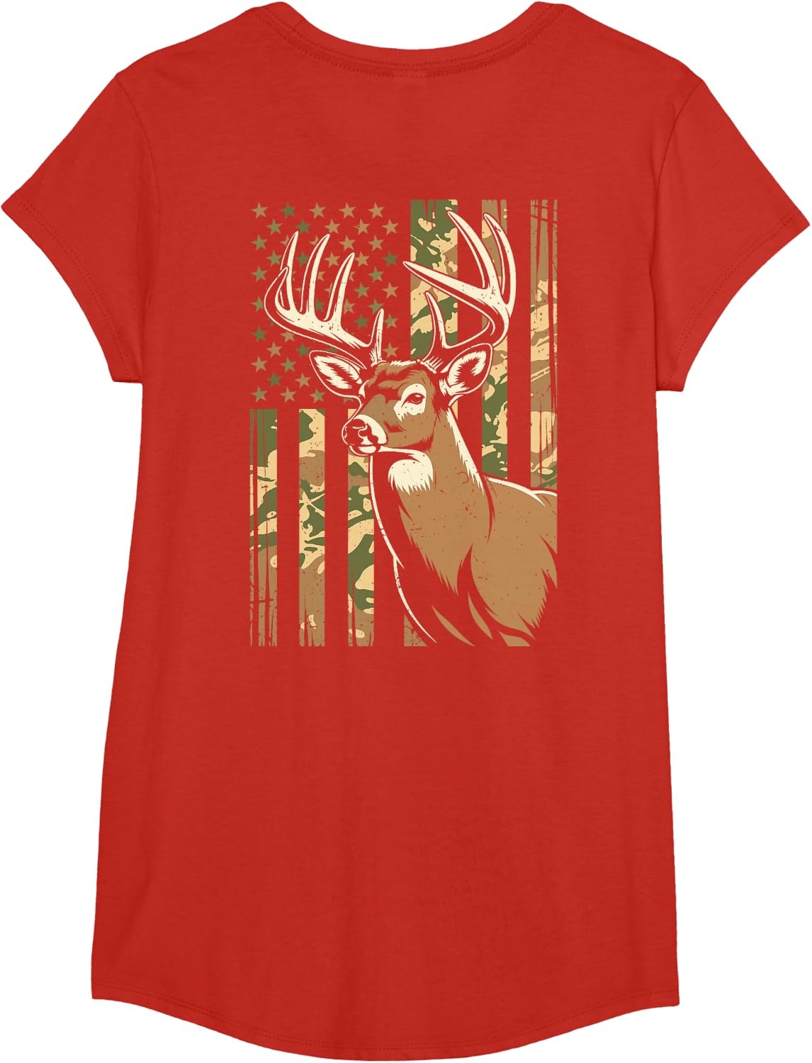 Youth Camo Deer Hunting Boy Men American Flag Whitetail Buck T-Shirt - Girls Red