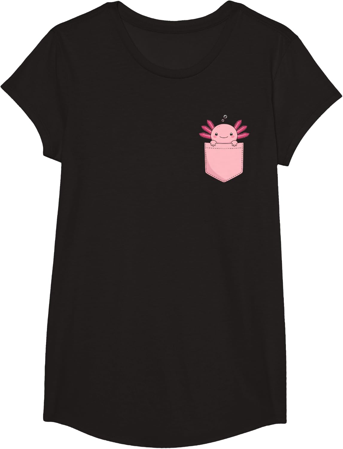 Pocket Axolotl Peeking Cute Kawaii Pink Pet Bubbles T-Shirt - Girls Black