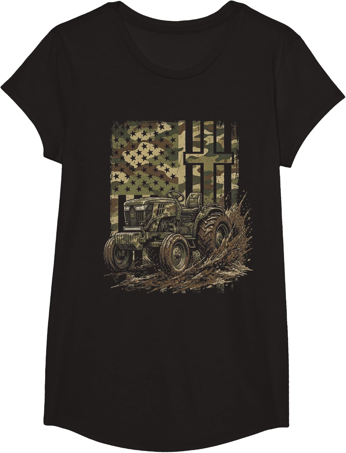Vintage Tractor Patriotic USA Flag Farmer Christian Tractor T-Shirt - Girls Black