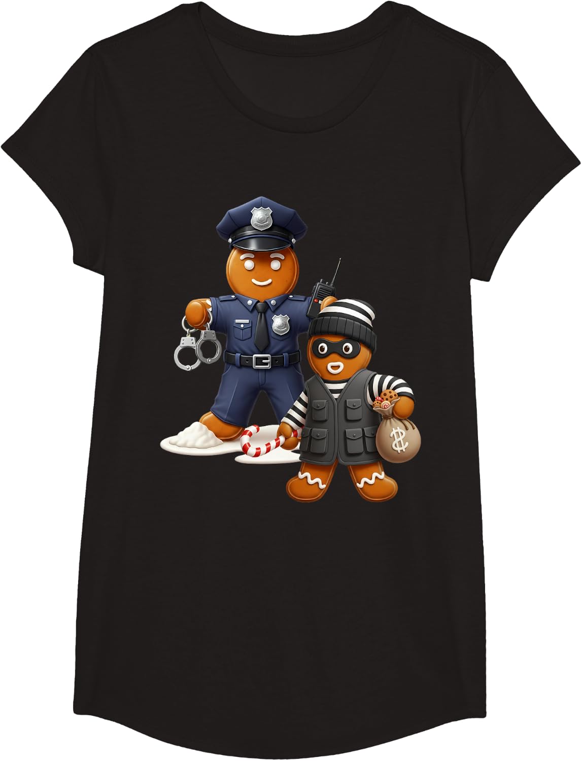 Christmas Police Officer Gingerbread Fun T-Shirt - Girls Black