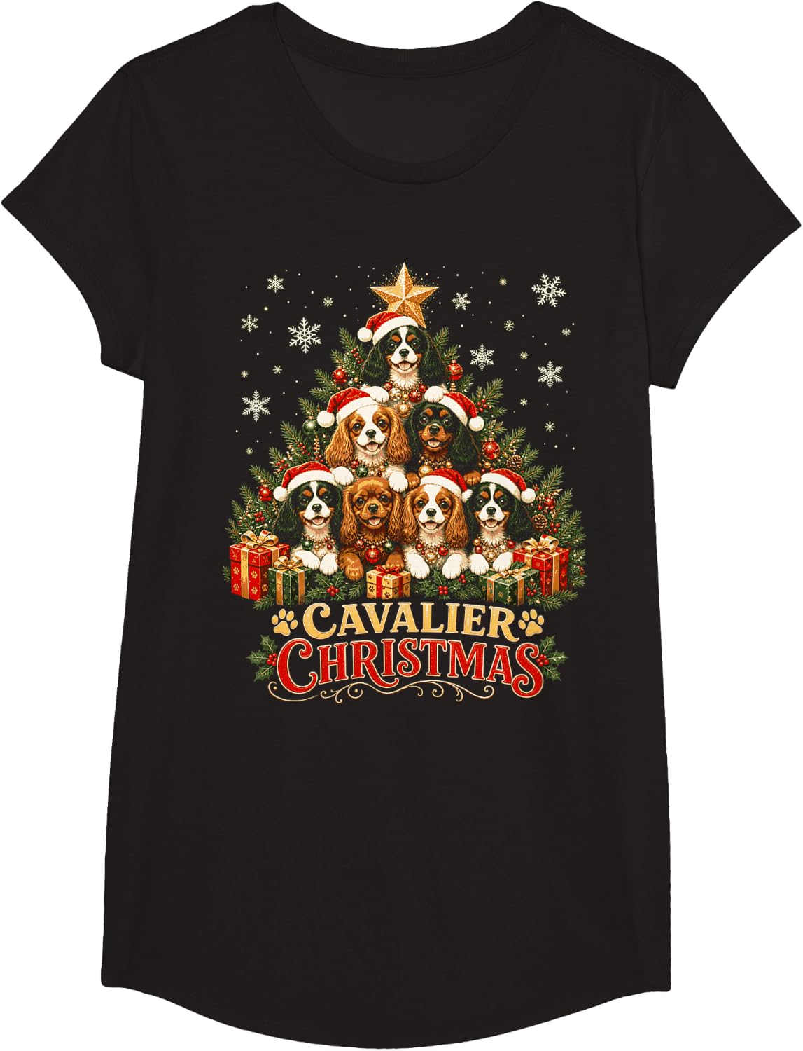 Christmas Cavalier King Charles Spaniel Tree Dog Lovers T-Shirt - Girls Black