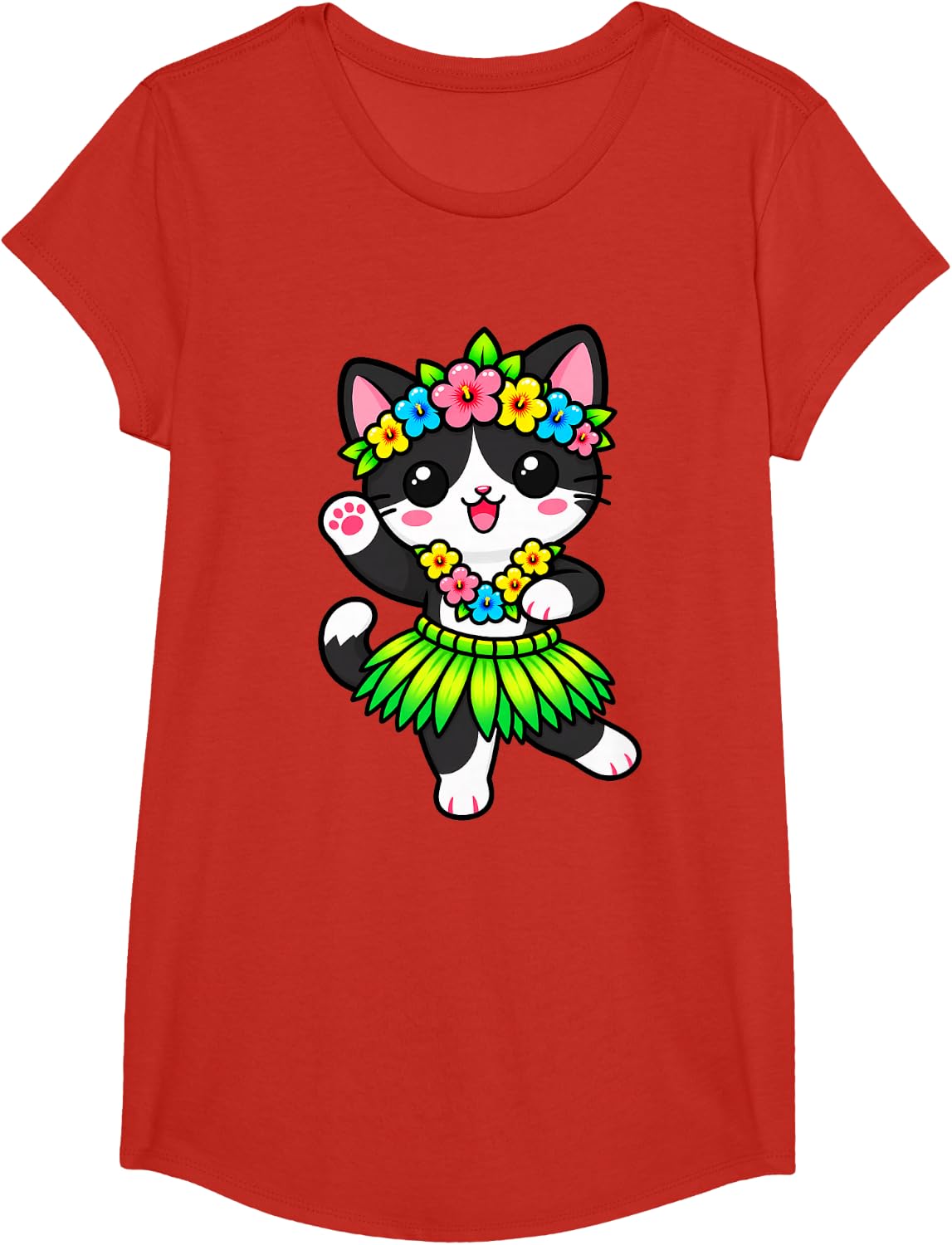 Tuxedo Cat Hula Dancer Tropical Flowers T-Shirt - Girls Red