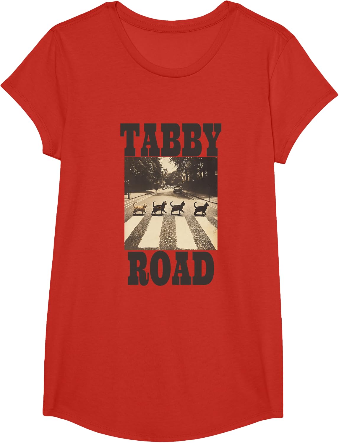 Tabby Road Cat-Themed Design T-Shirt - Girls Red
