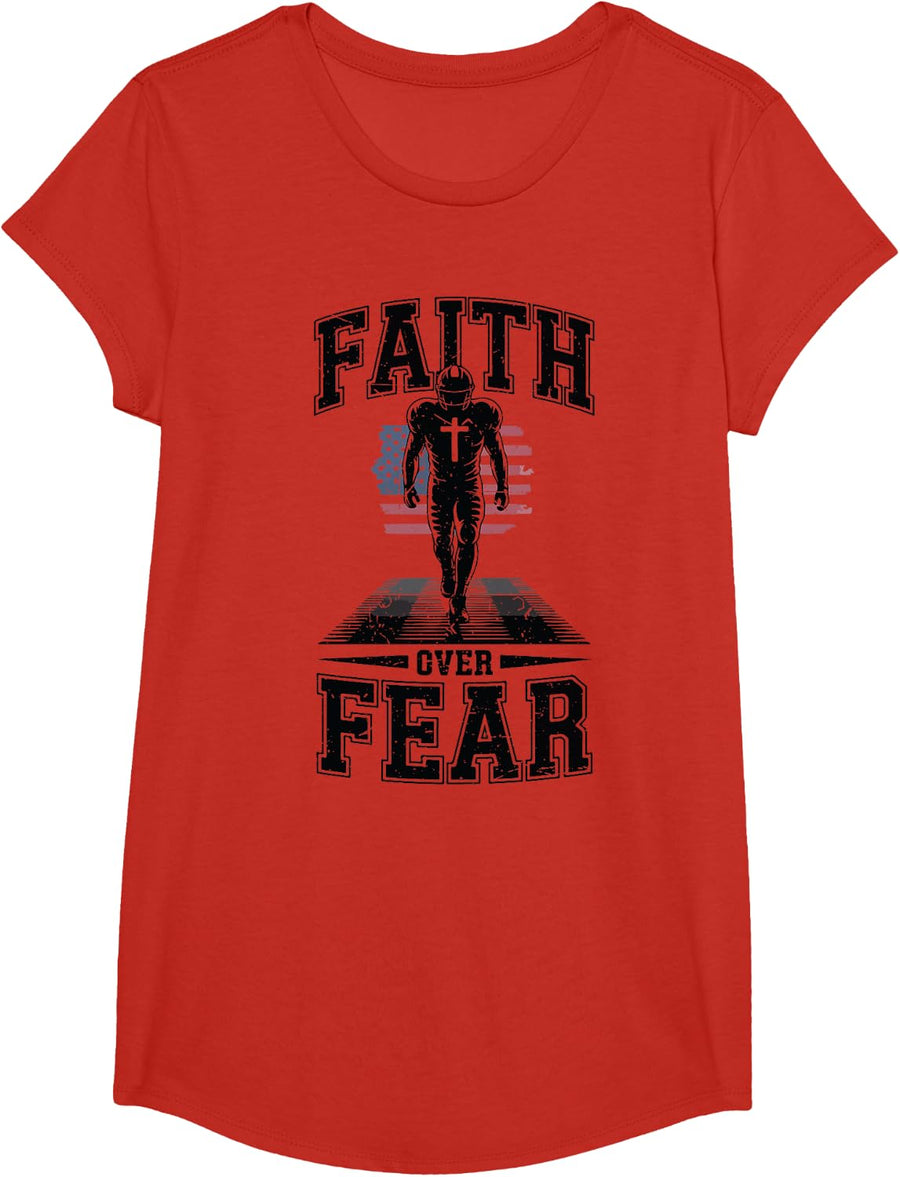 Christian Football Faith Over Fear Patriotic American Flag T-Shirt - Girls Red