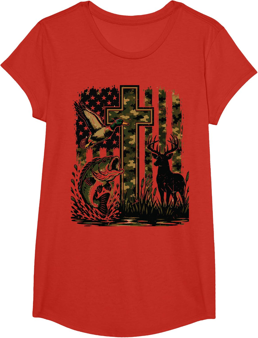 Youth Camo Fishing Deer Hunting Duck Dog Local Boy Bass Fish T-Shirt - Girls Red