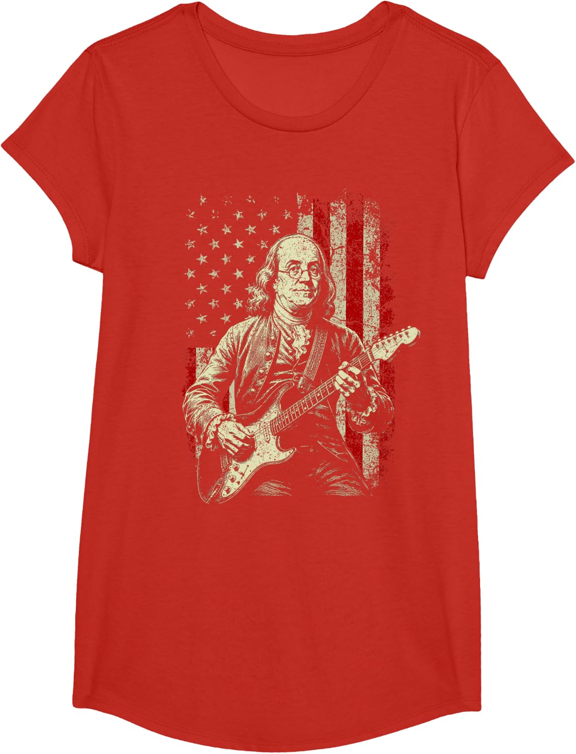 Benjamin Franklin Playing Guitar Rock n Roll 4th of July Ben T-Shirt - Girls Red