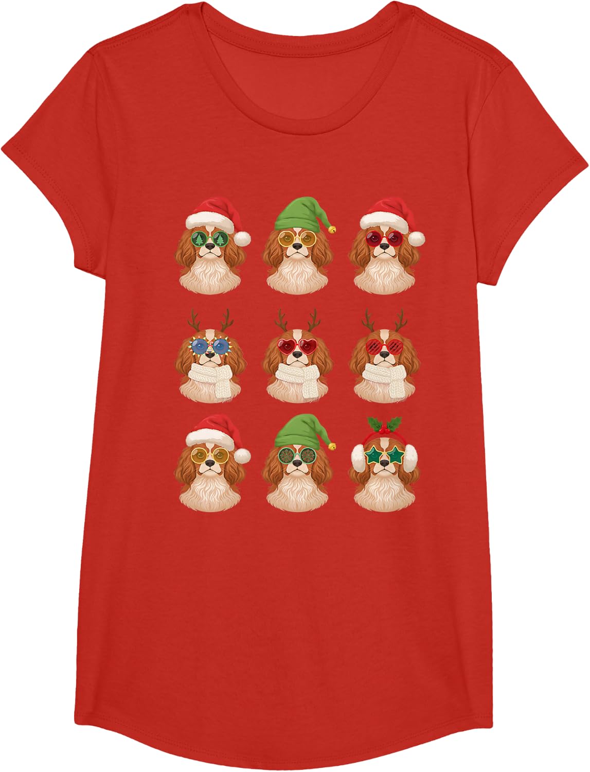 Cute Cavalier King Charles Spaniel Silly Holiday Pajama T-Shirt - Girls Red