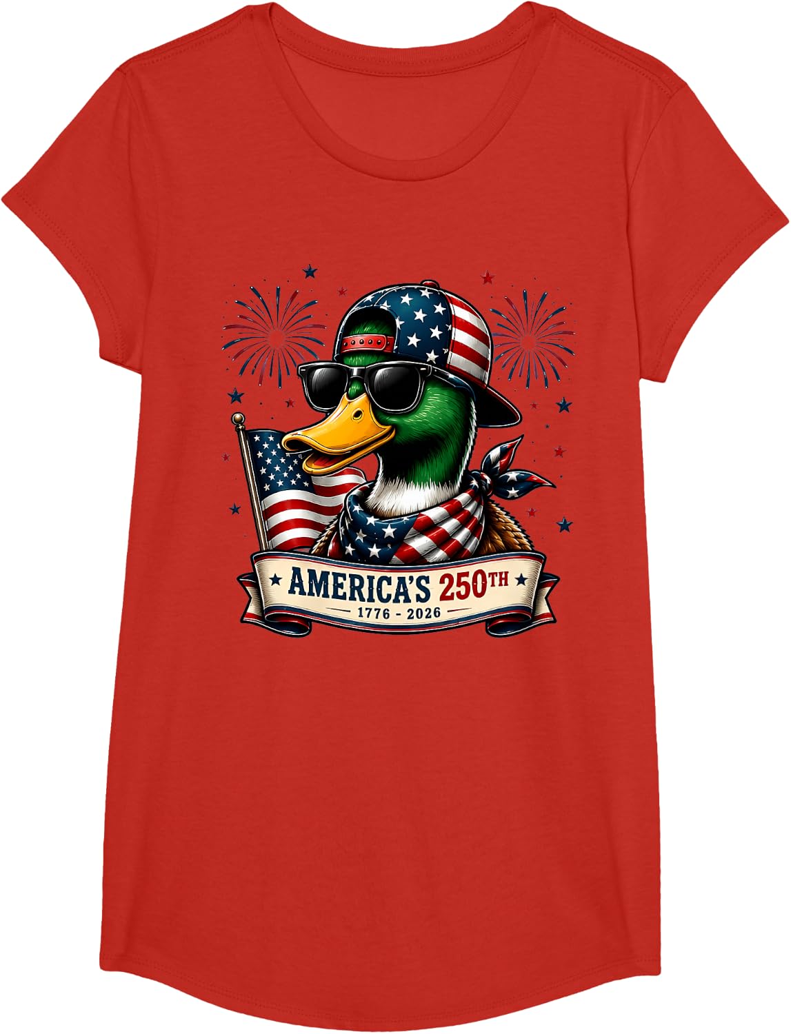 Patriotic Mallard Duck America's 250th Anniversary 4th July T-Shirt - Girls Red
