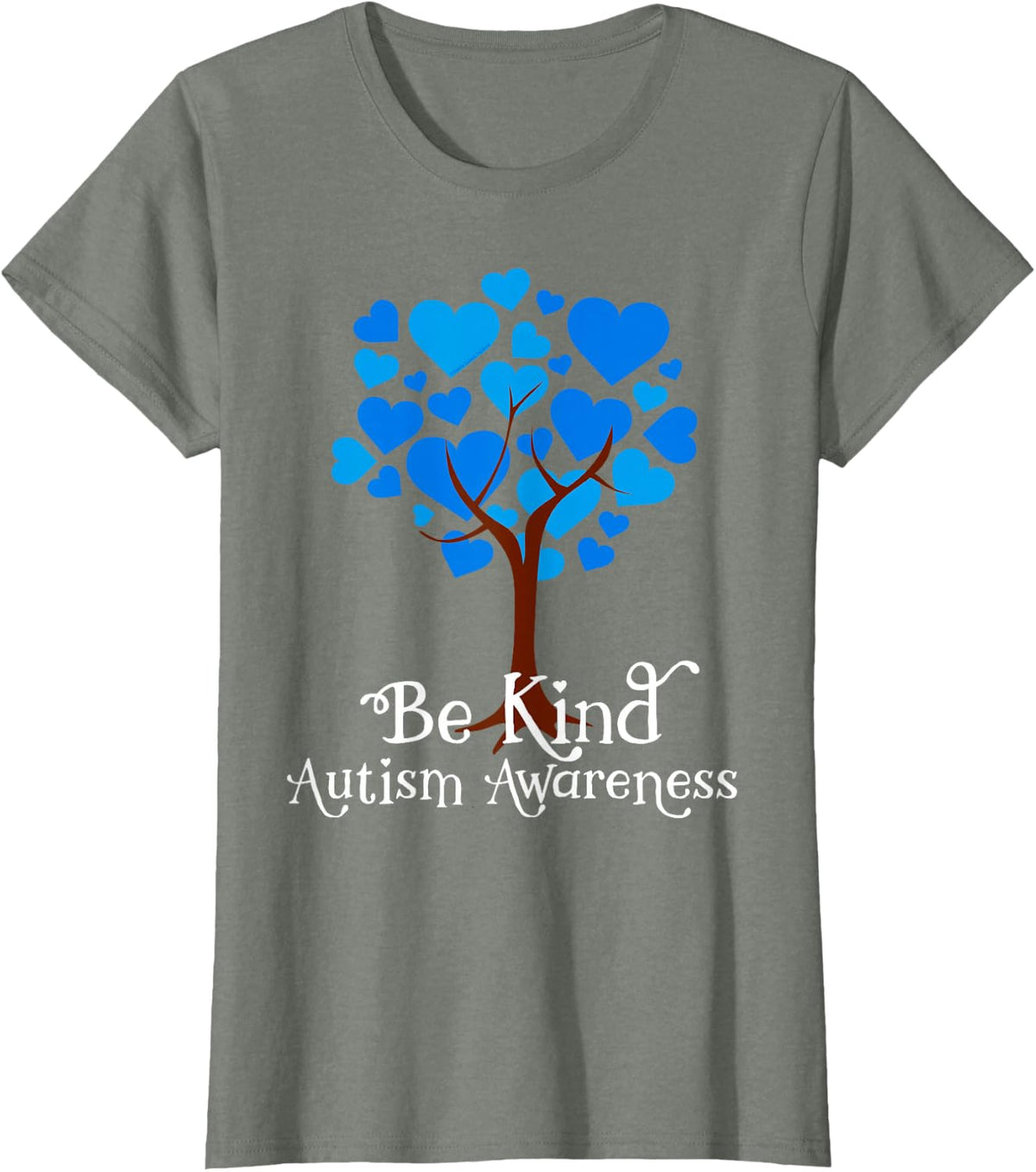 Blue is For April Blue Hearts Tree Be Kind Autism Awareness T-Shirt - Olive Heather