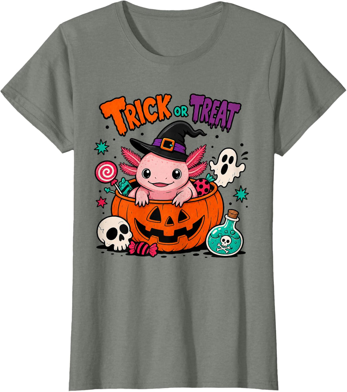 Cute Axolotl Halloween Trick or Treat Pumpkin Witch Hat T-Shirt - Olive Heather