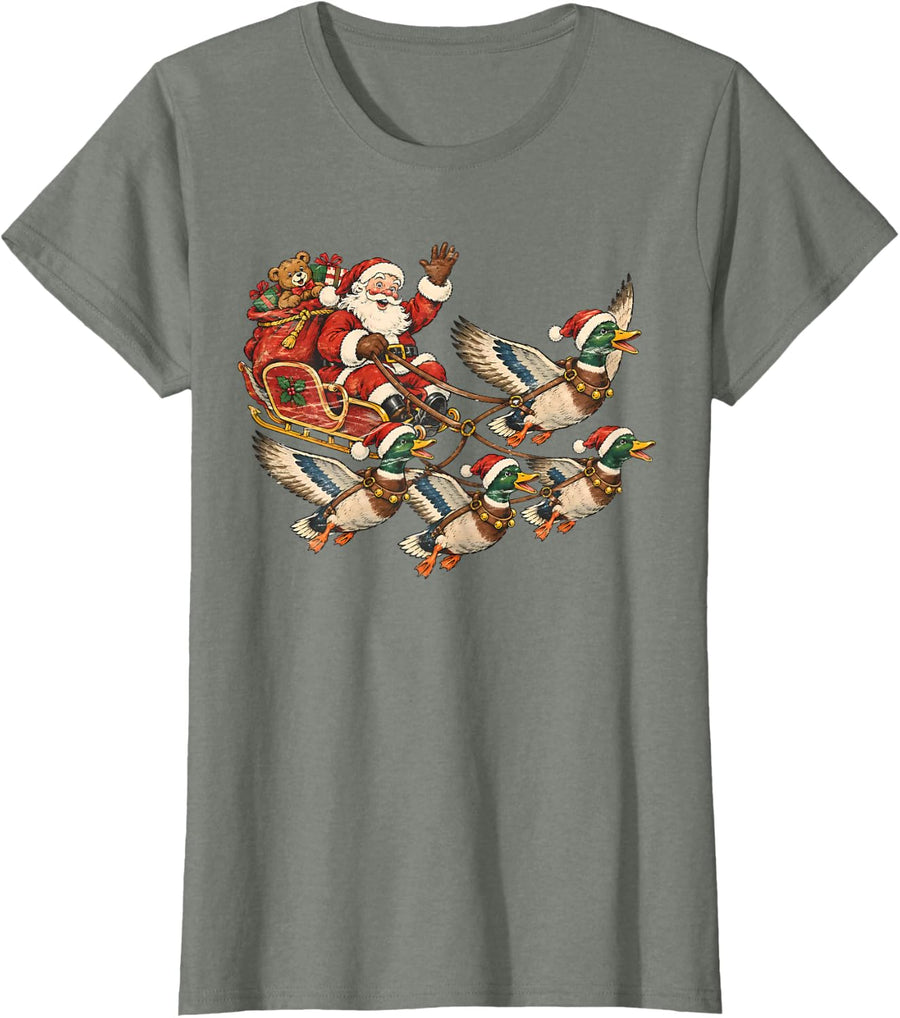 Vintage Christmas Santa Sleigh Mallard Ducks Hunting Holiday T-Shirt - Olive Heather