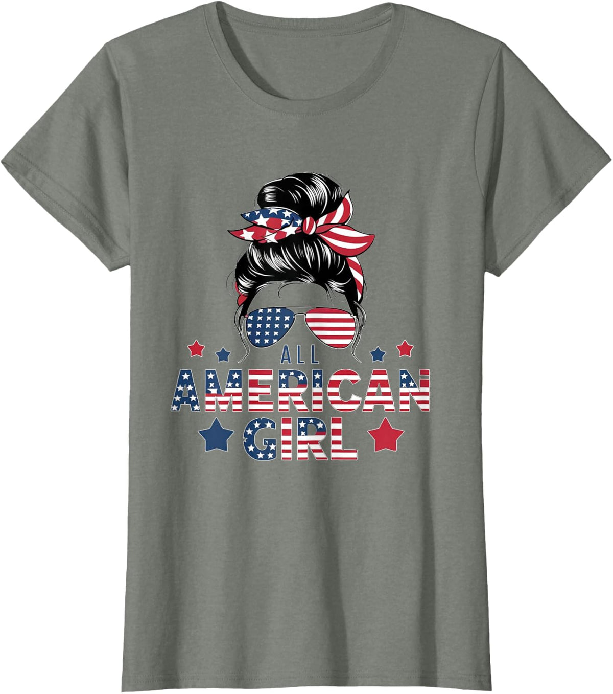4th of July All American Girls Messy Bun Women USA Flag T-Shirt - Olive Heather