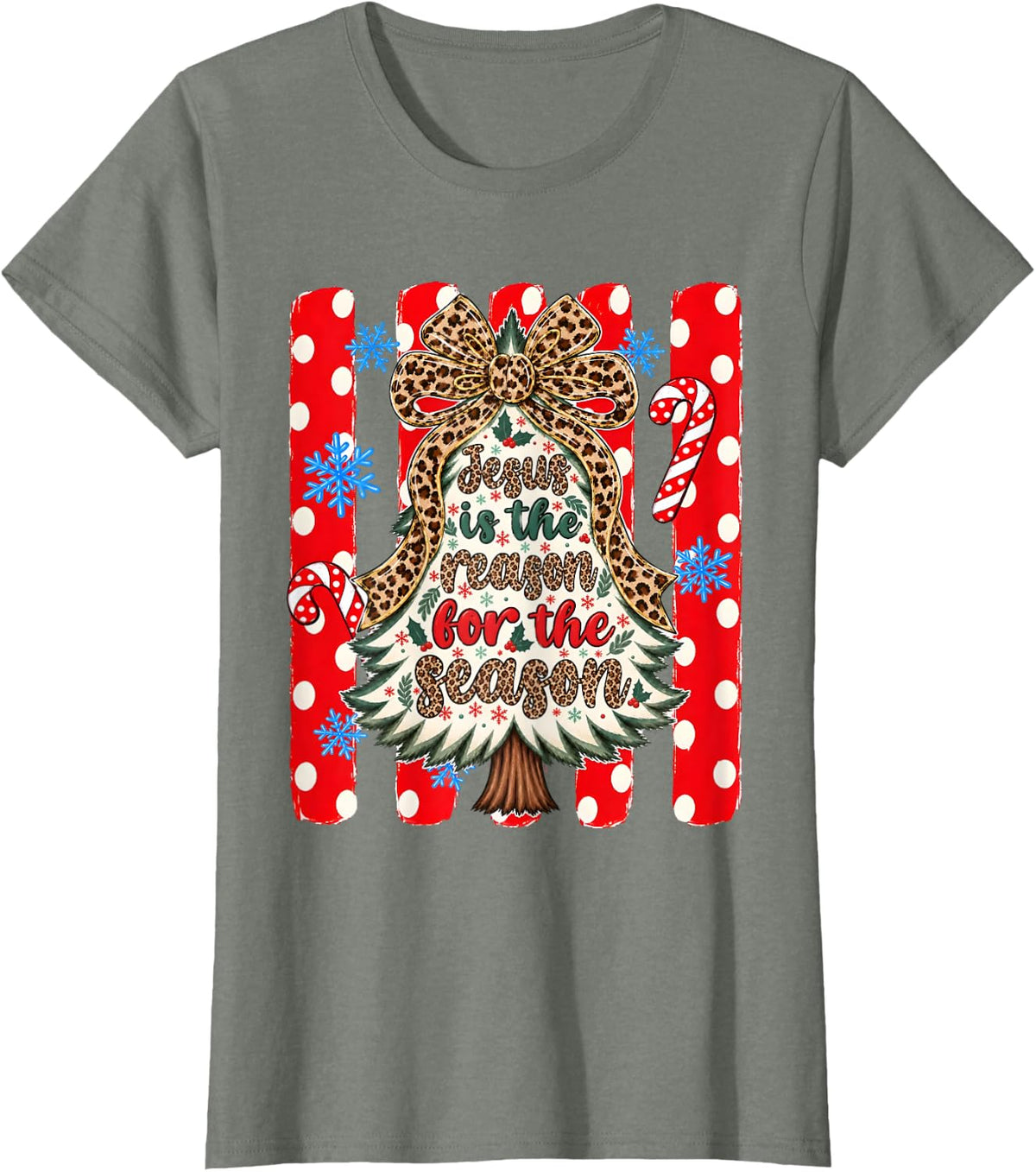 Jesus The Reason for The Season Leopard Christmas Tree Bow T-Shirt - Olive Heather