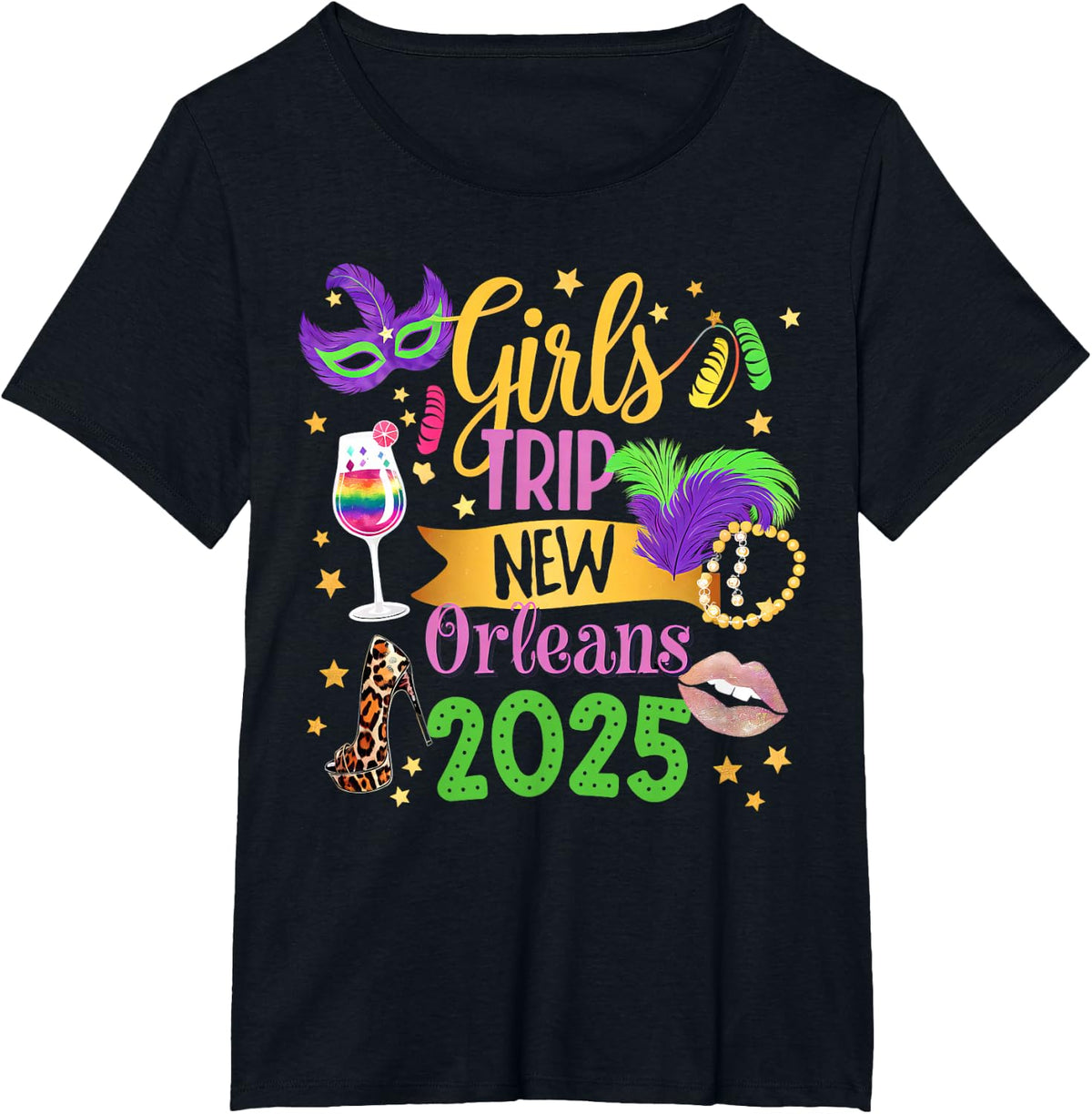 Girls Trip New Orleans 2025 Mardi Gras Mask Beads Family T-Shirt - Black