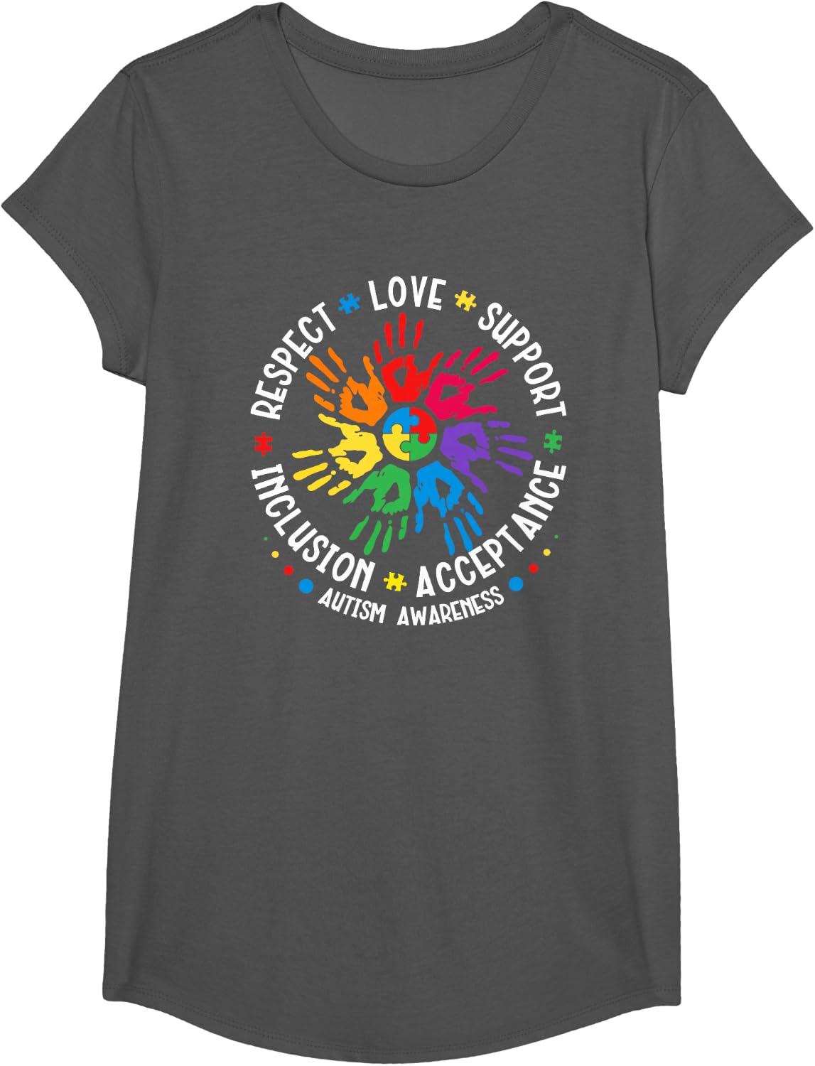 Blue Autism Puzzle Kid T-Shirt - Girls Asphalt Grey