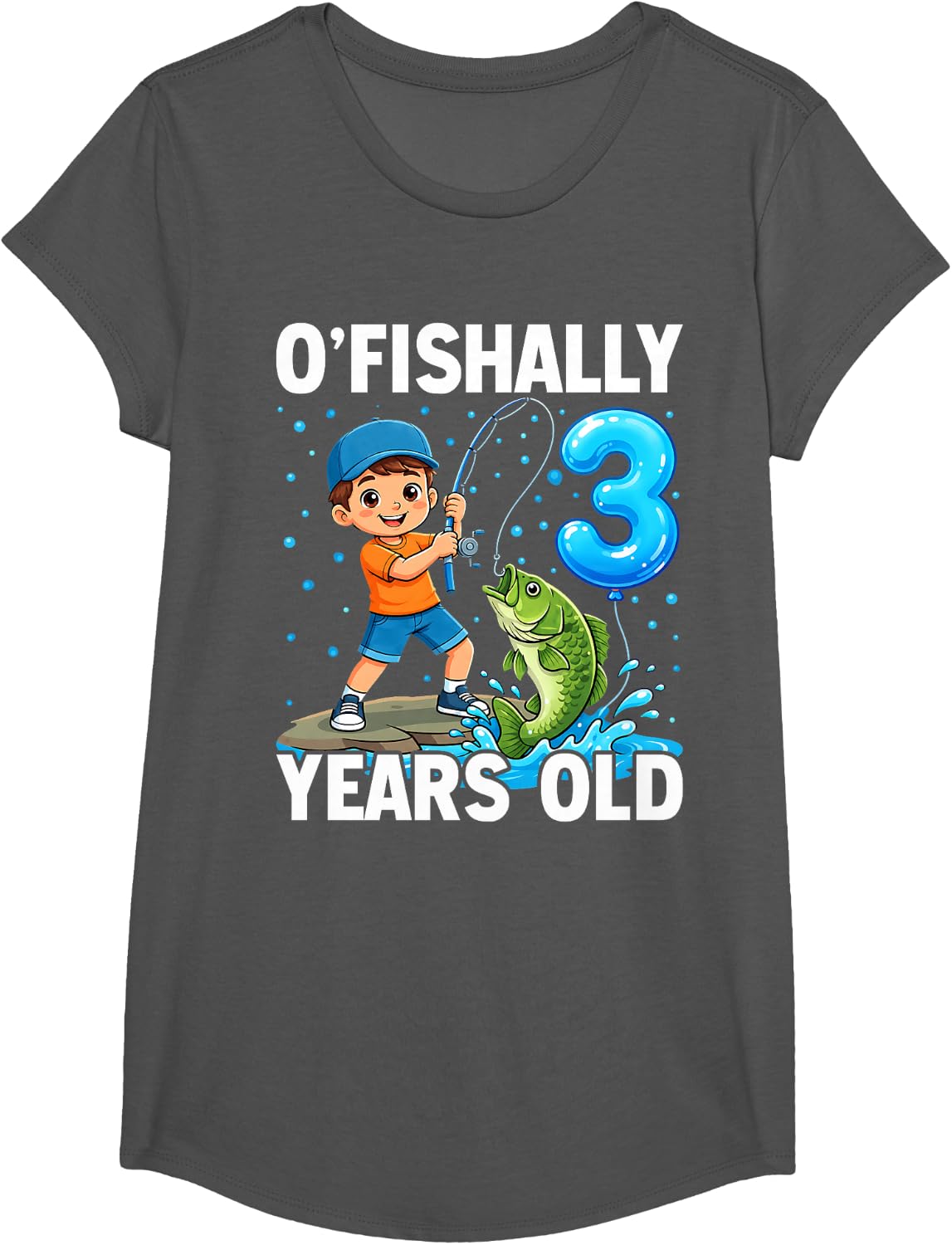 Fishing O'Fishally 3 Years Old Bass Angler Kids T-Shirt - Girls Asphalt Grey