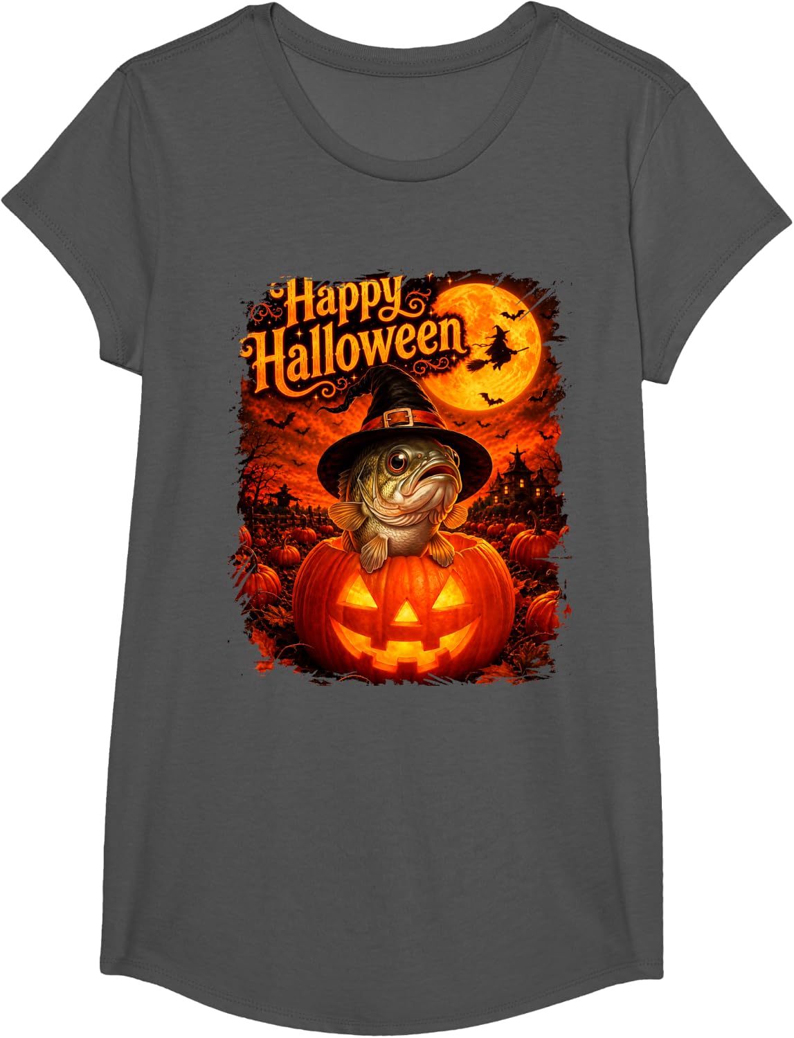Cute Bass Fish Happy Halloween Night T-Shirt - Girls Asphalt Grey